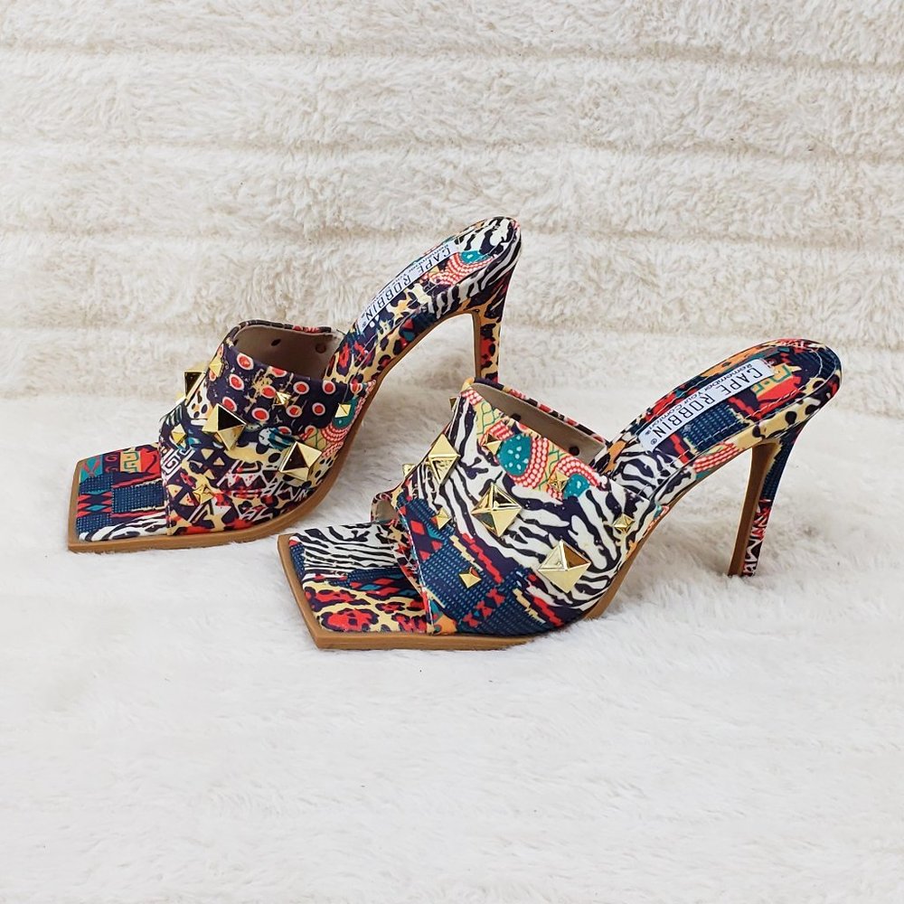 Popo Slip On Sqaure Open Toe High Heels Clogs Mules Slides  multi Color Print - Picture 3 of 9